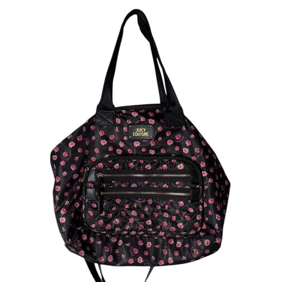 Juicy Couture Black Rose Print Duffel Bag Crossbody‎ Book Bag Tote Bag Carry-On - Picture 1 of 8